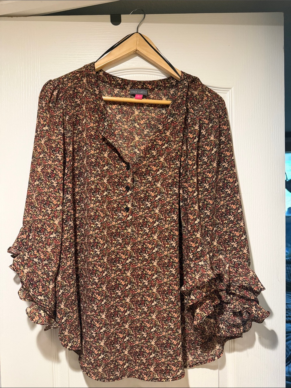 Vince Camuto Brown Floral Henley Blouse
